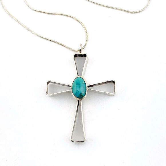 Unbranded Jewelry - Large Modernist Sterling Silver Turquoise Cross Pendant Necklace Artisan Made